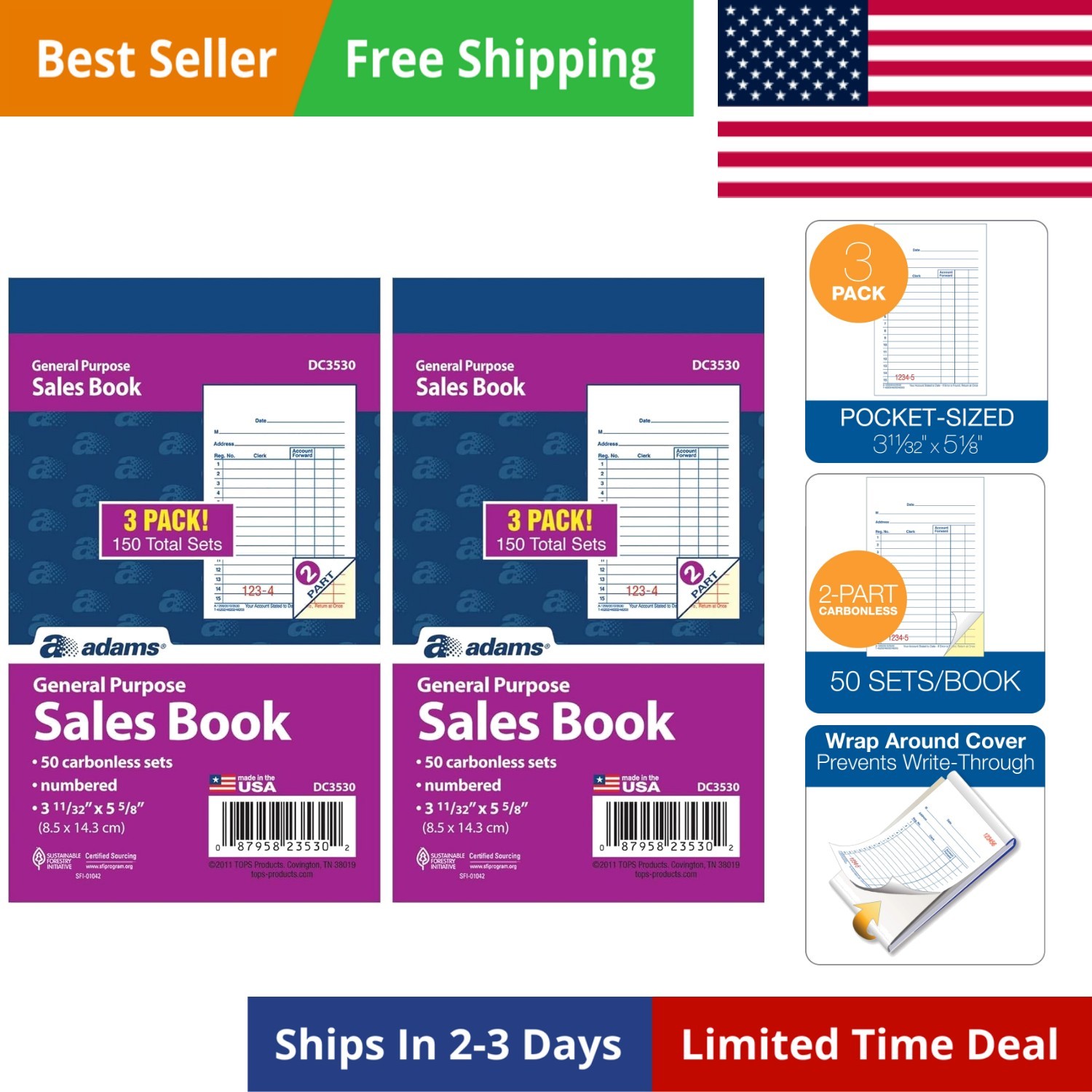 General Purpose Sales Book, 2-Part, Carbonless, White/Canary, 3-11/32 x 5-5/8…