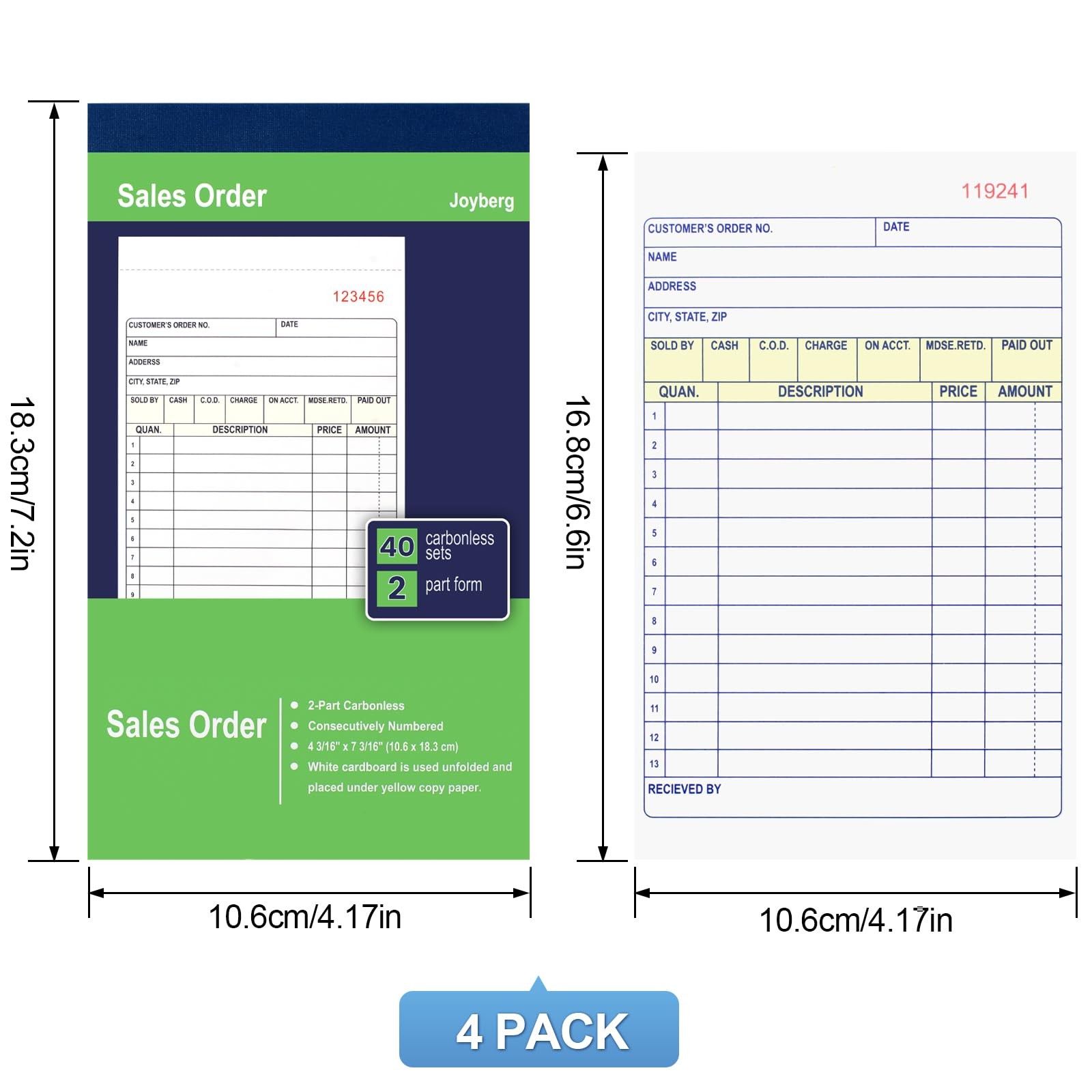Joyberg 4 Pack Sales Order Book, 4.17inx7.2in Receipt Book with Carbon…