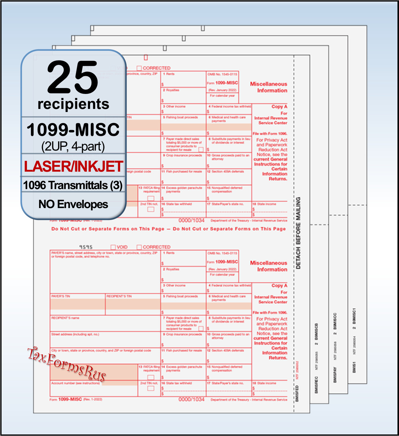 2022 IRS Tax Form 1099-MISC Laser 25 recipients+(3)1096 #MISCS405 2UP 4pt NO Env