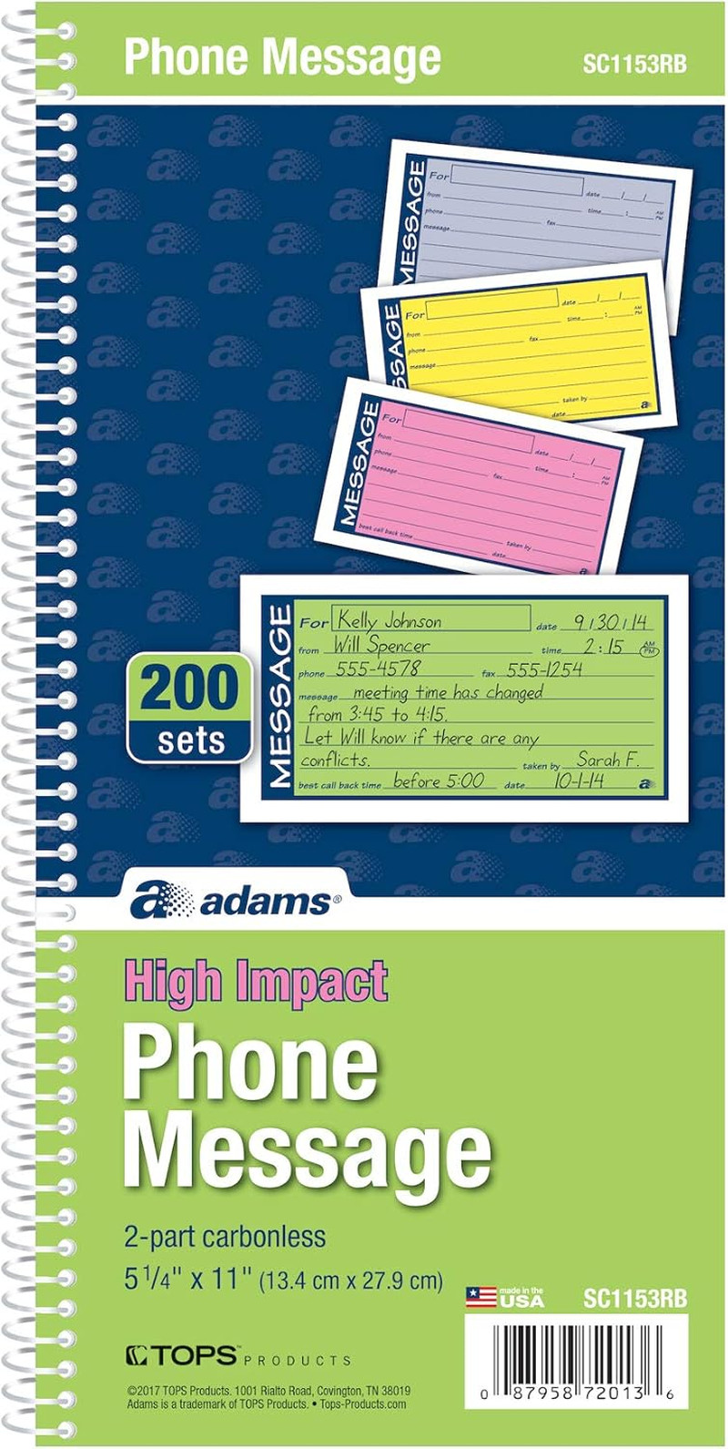 ® High Impact Phone Message Book, 2-Part Carbonless, 5-1/4″ X 11″, 2 Sets per Bo