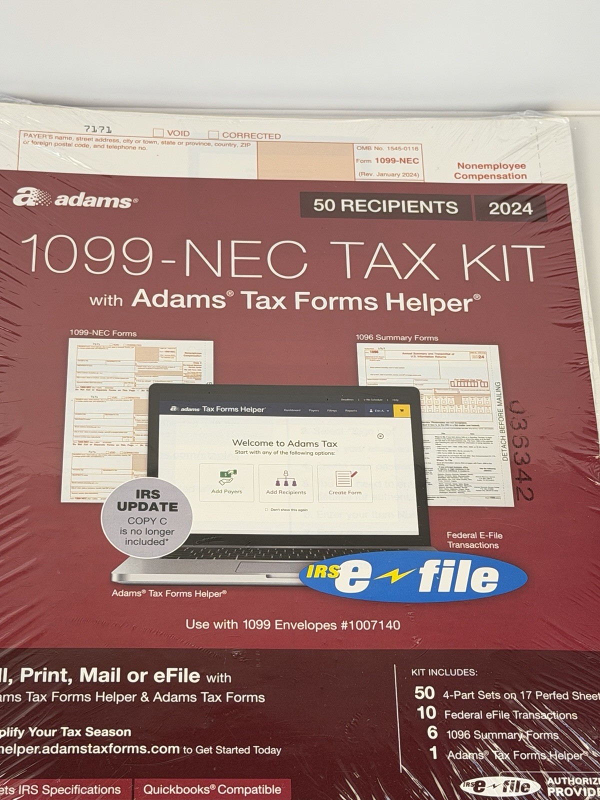 2024 1099 NEC Tax Kit 50 Recipients, 4 Part Sets, 10 Fed eFile, 1099 Envelopes