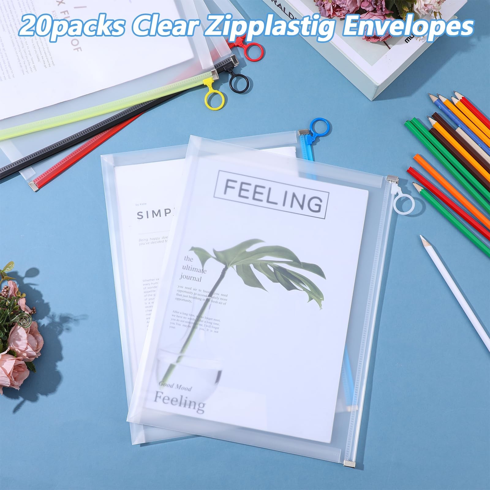 20 Pcs Clear Plastic Zip Envelopes A4 Zipper Document Folder Stylish Colors