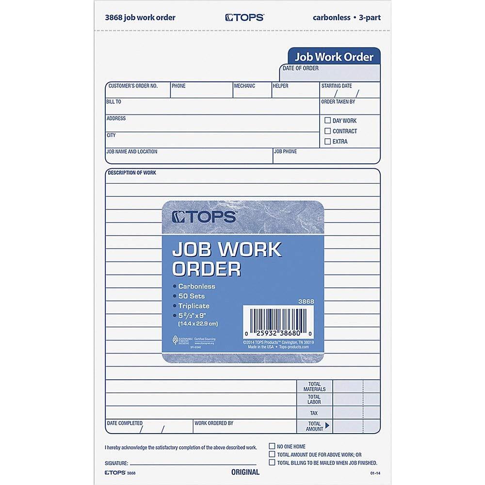 TOPS 3868 Snap-Off Job Work Order Form 5 2/3″ x 8 5/8″ Three-Part Carbonless …