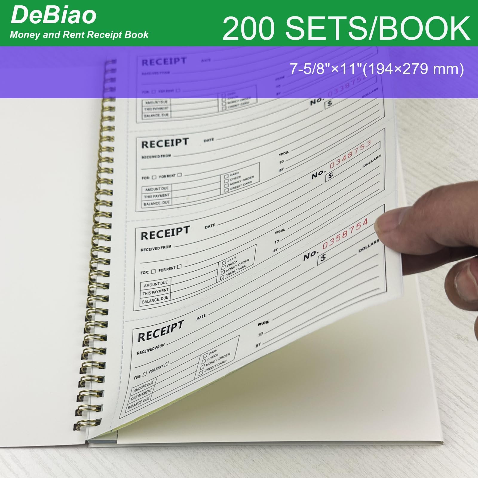 4 Pack 2Part Carbonless Money Rent Receipt Book 75/8×11 In 200 Sets