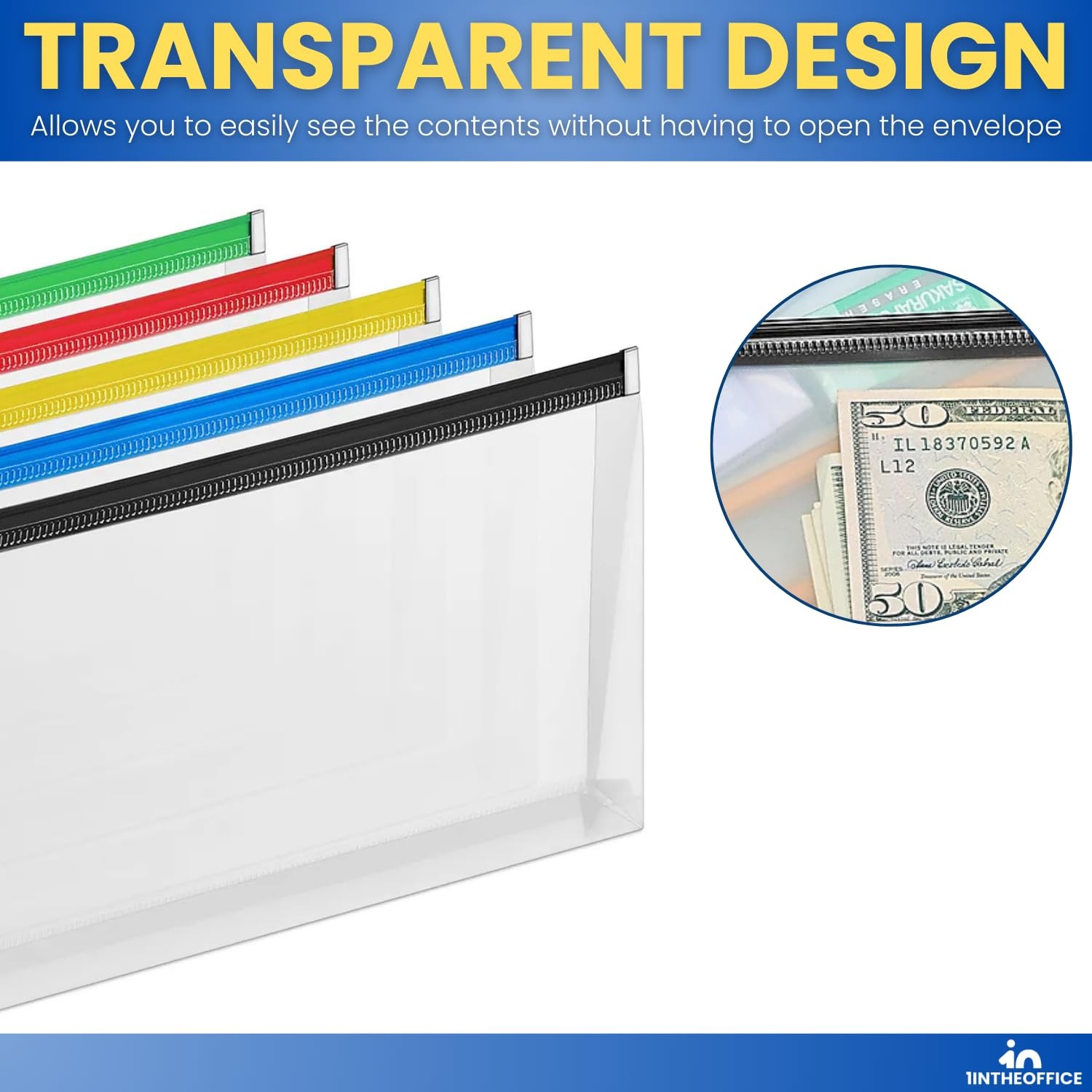 1InTheOffice Plastic Filing Envelopes with Zipper Closure, Moisture Clear