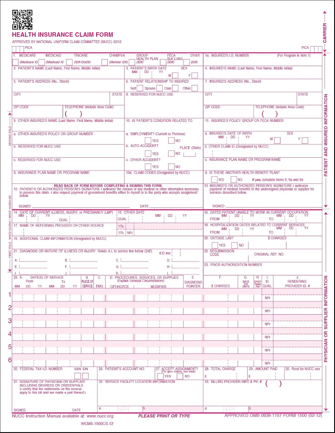 CMS 1500 Claim Forms HCFA Version 02/12 2,500 SHEETS APPROVED OMB-0938-1197