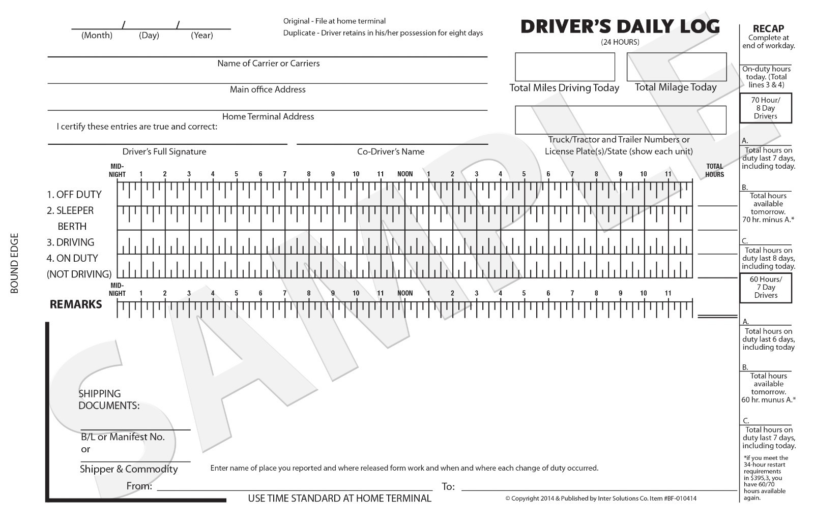 250 Custom Carbonless Driver’s Daily Log Report Form