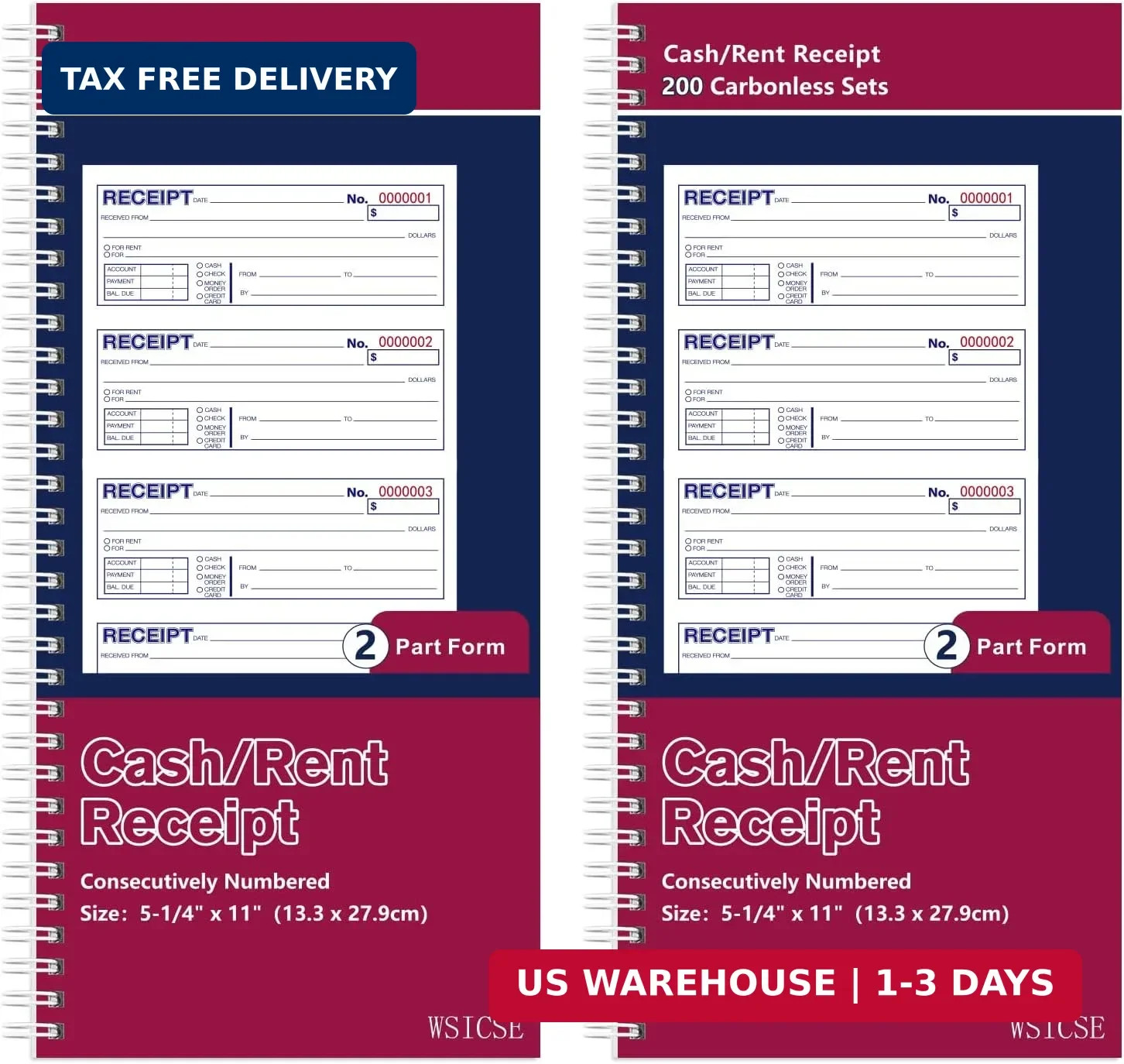 2 Pack Receipt Books with Carbon Copies, Rent Receipt Book, 2-Part Carbonless, 5