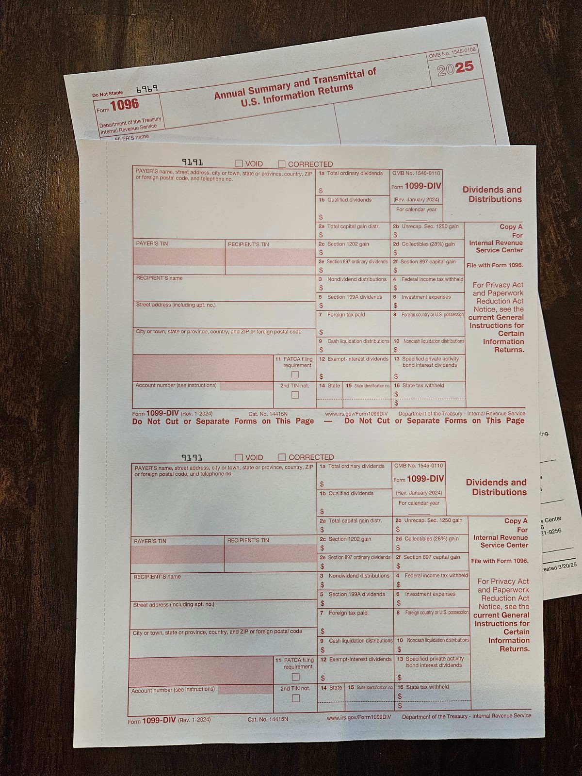 2025 IRS Tax Form Six 1099-DIV LASER and 1 Form 1096 NO ENVELOPES