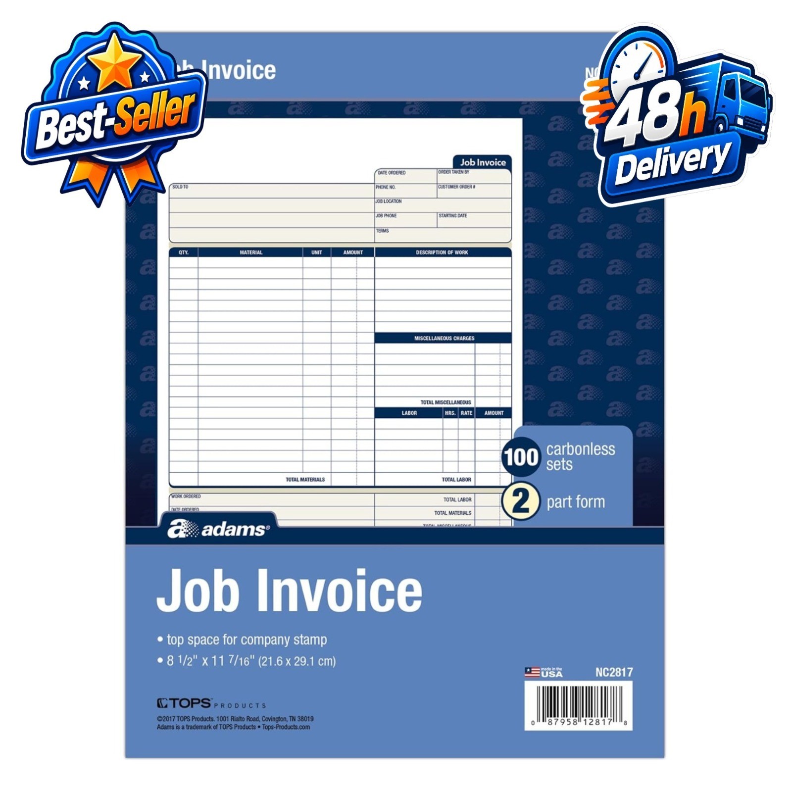 Adams Job Invoice Forms, 2-Part Carbonless, 100 Sets, 8.5 x 11 Inches