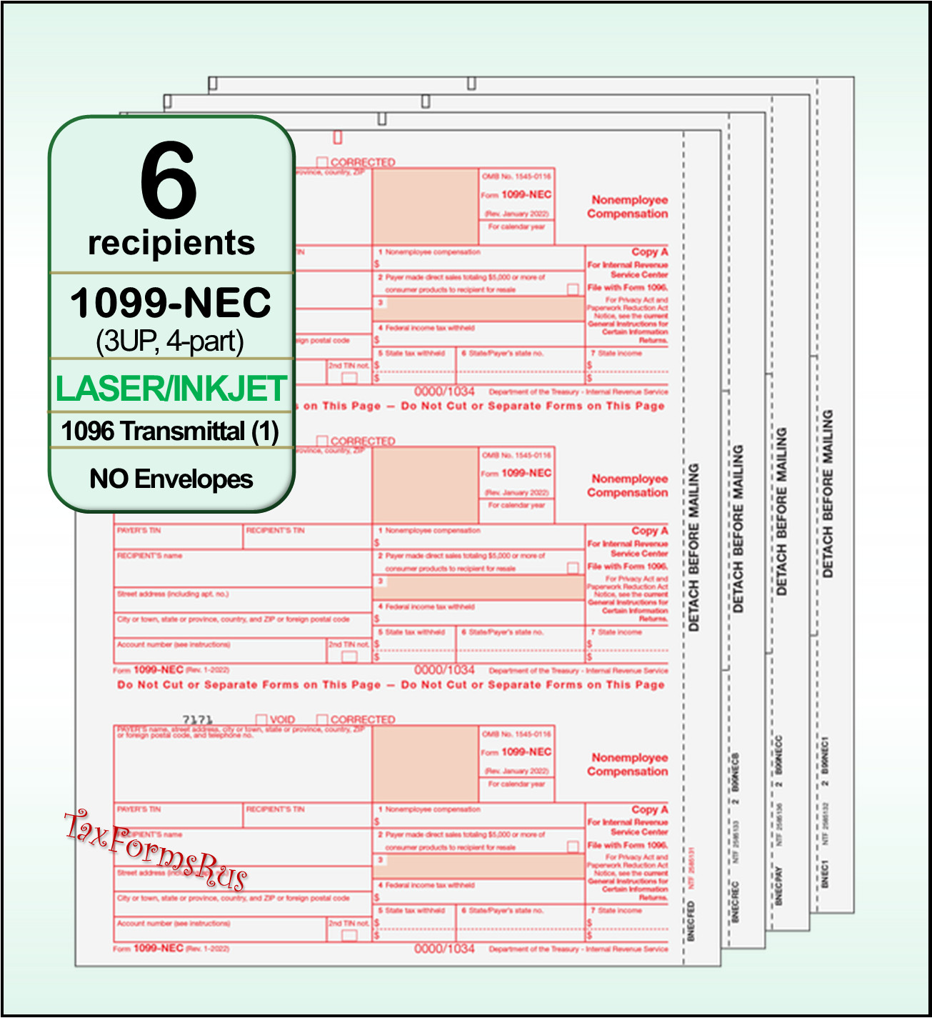 2024 IRS Tax Form 1099-NEC Laser 6 recipients+(1)1096 #NECS405 – 3UP 4pt NO Env