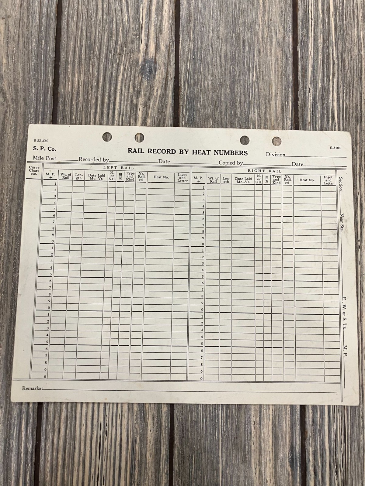 Vintage S.P. Co. Rail Record By Heat Numbers Form 8-53-3M 3-Hole Punched S-3101