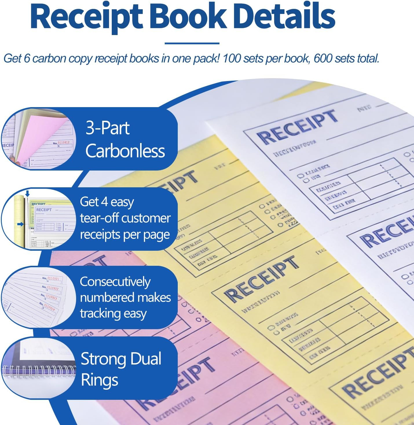 6 Pack Large Money and Rent Receipt Books with Cardboard Insert,7-5/8″ X 10-7/8″