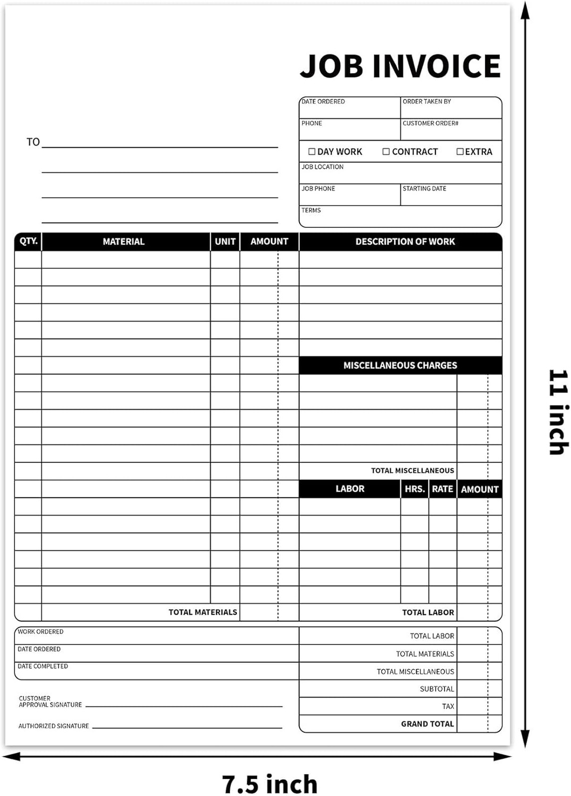 Carbonless Work Order Forms 7.5 x 11 Inches Invoices for Small Business Sales