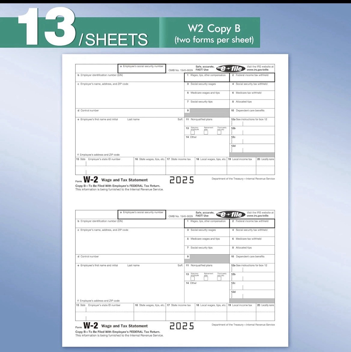 2025 W2 Tax Forms Kit with Envelopes – 25 Employee Set with W3 Forms