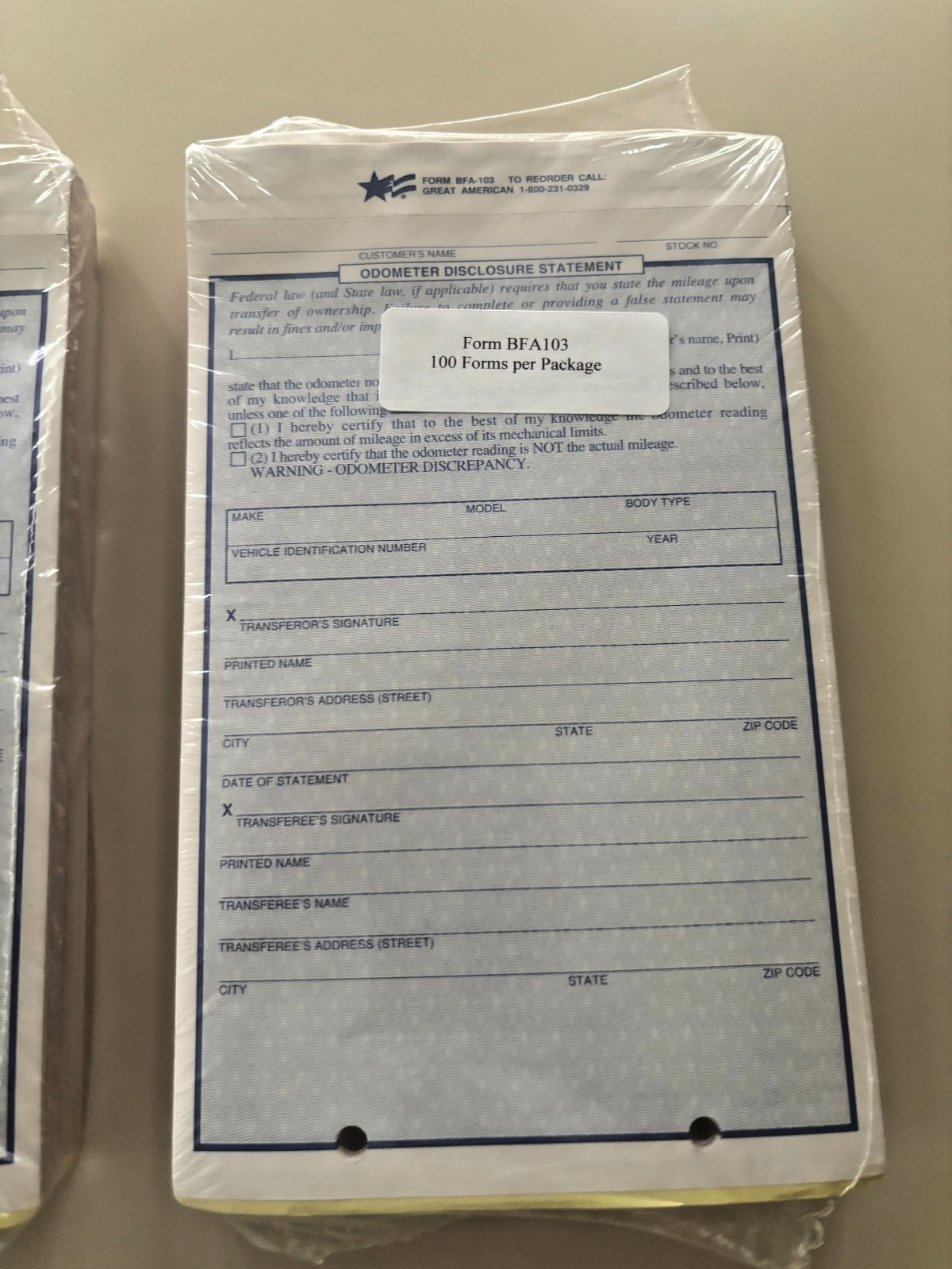 Odometer Disclosure Statement Great American BFA-103 Form 200+ Forms 1 Low Price
