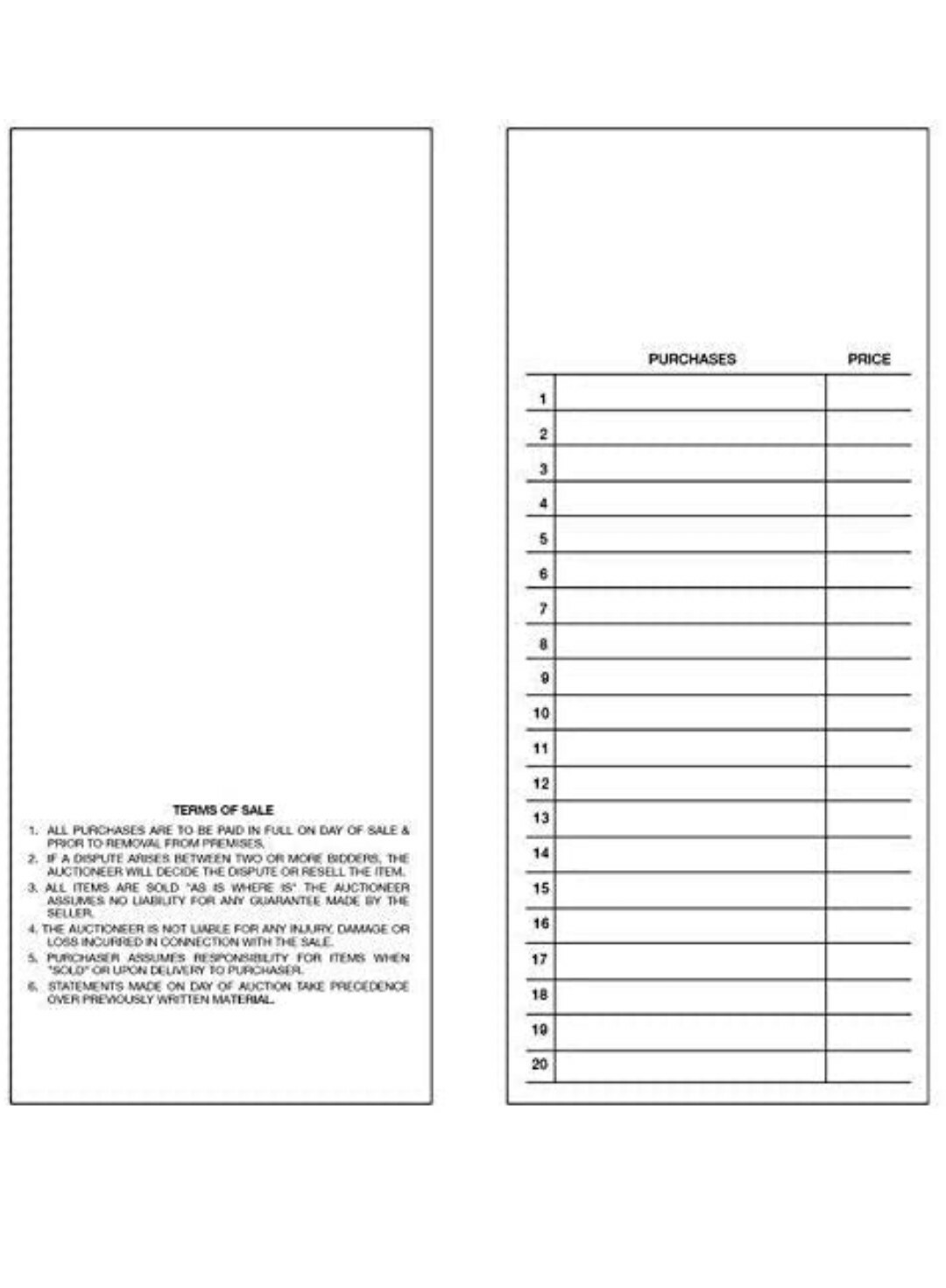 BLANK Auction Bidder Cards – 8 1/2″ x 3 1/3″ Fits in Shirt Pocket 250 count