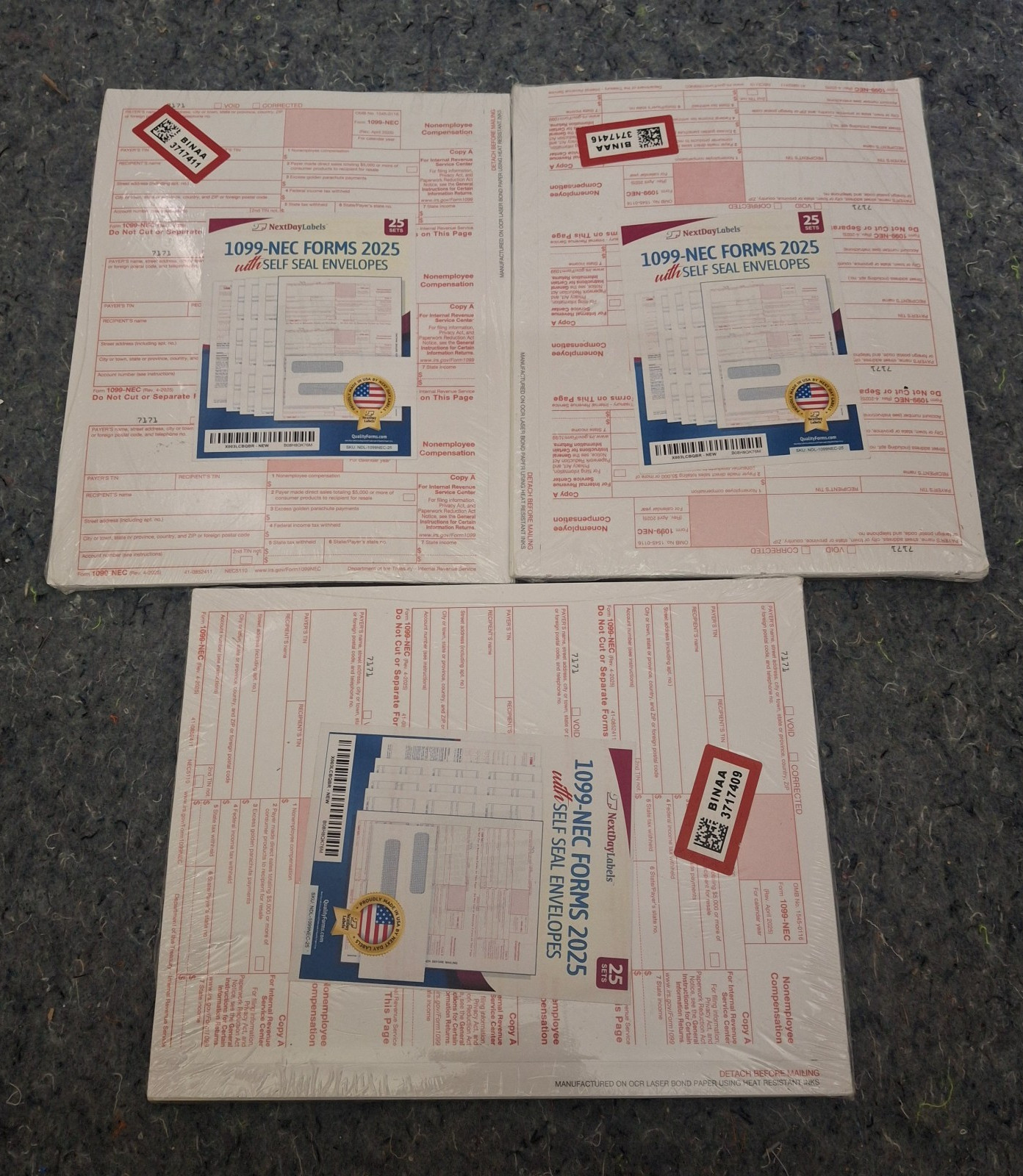 NextDayLabels 1099-NEC Forms 2025 with Envelopes 25 Sets 3-Pack 75 Total Lot