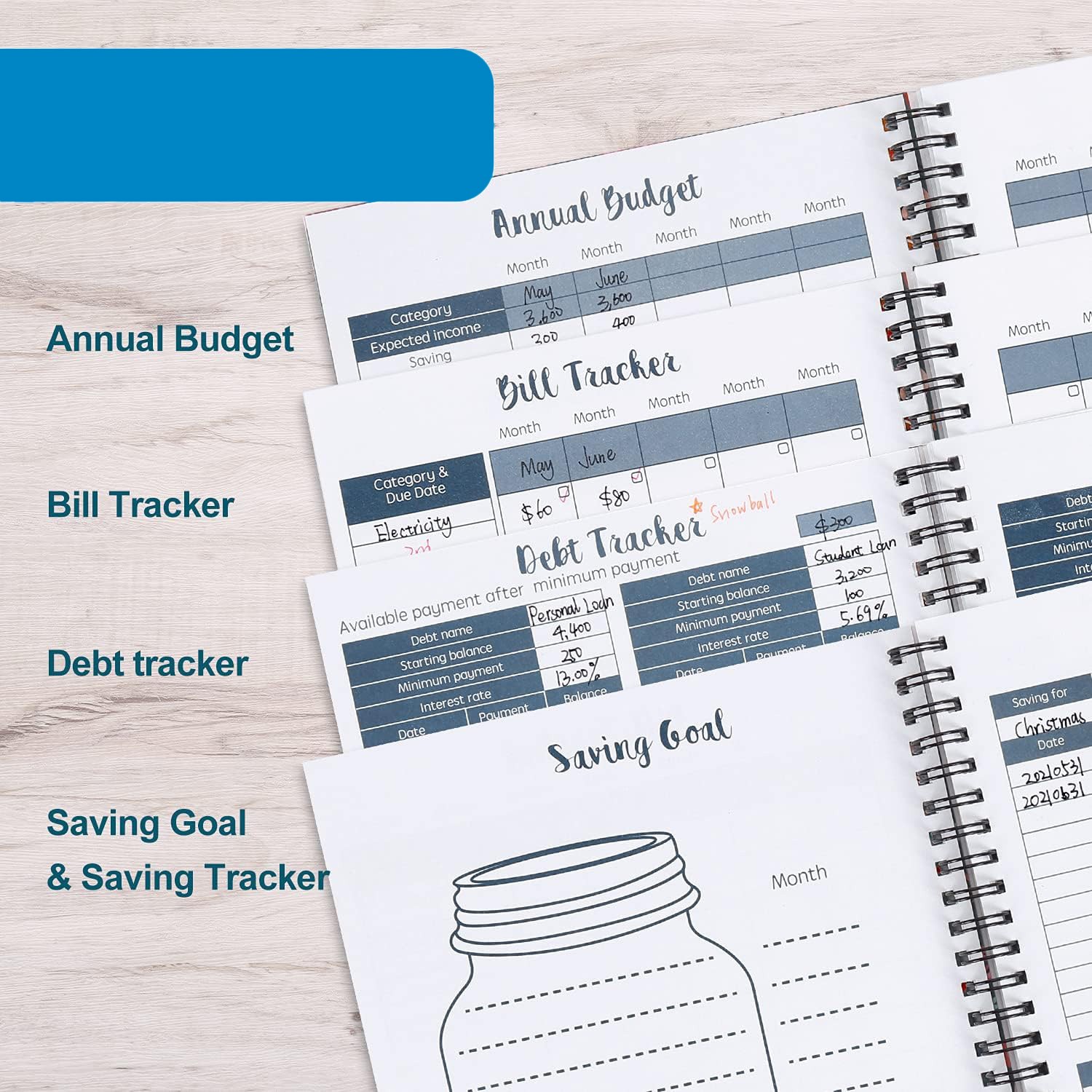 Expense Tracker Notebook 2025 2026, 12 Pockets, Budget Organizer, Spiral, Blue