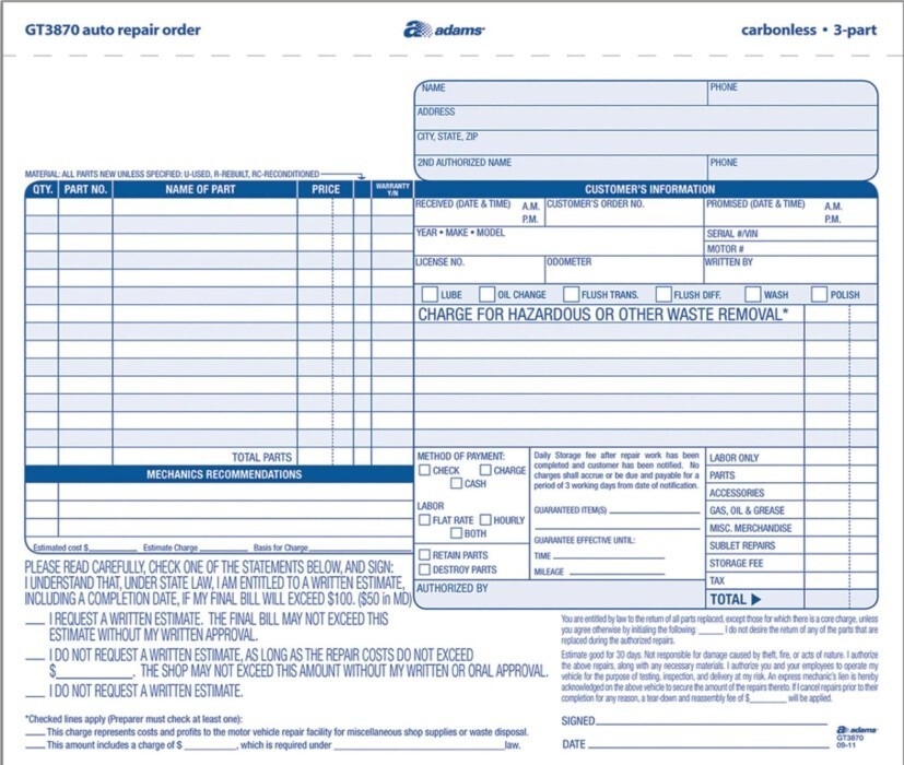 Auto Repair Order Forms, 8.5 x 7.44 Inches, 50-Pack, White and Canary