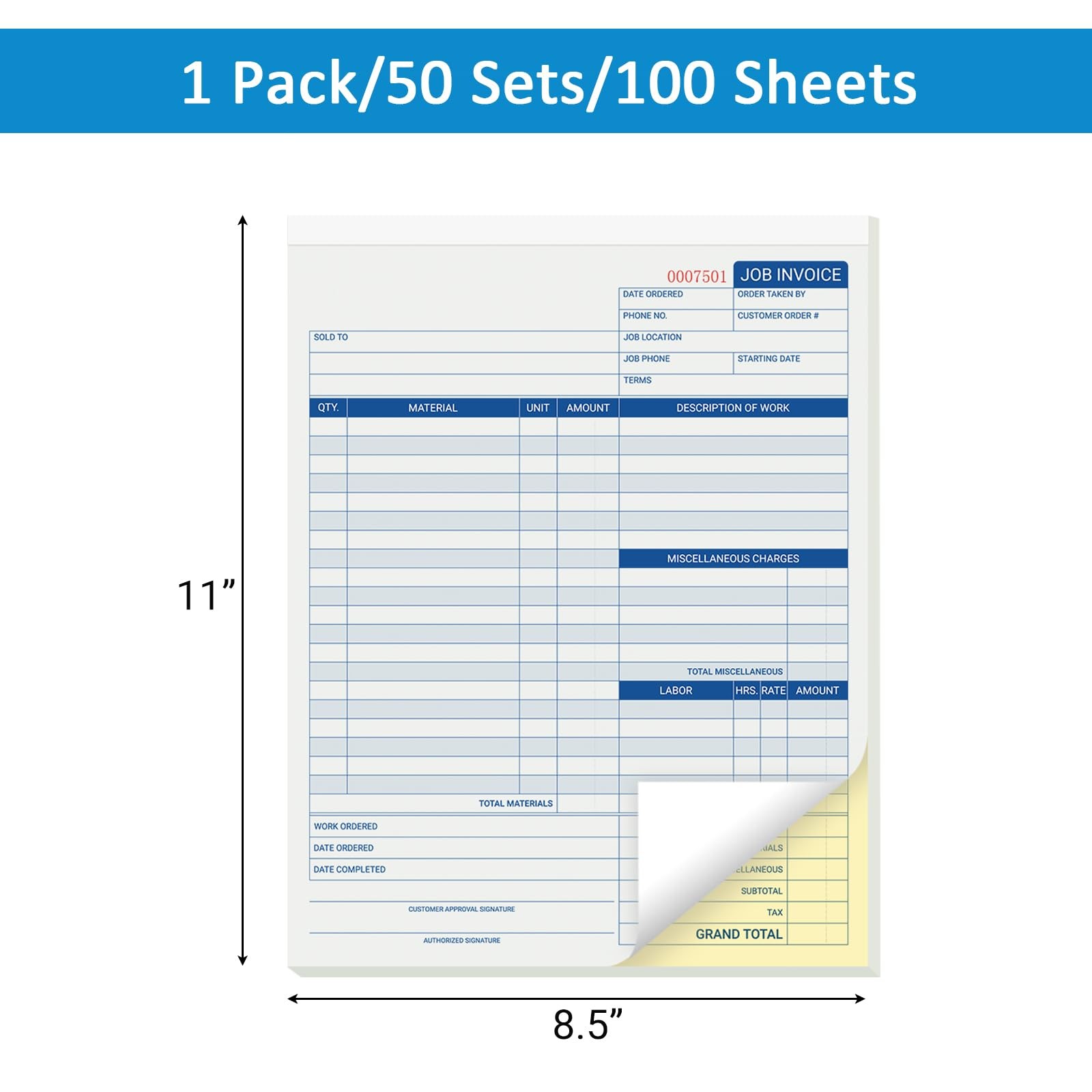 50 Sets Job Invoice Forms, 2 Part Carbonless, 8.5X11 Inch Work Order Forms
