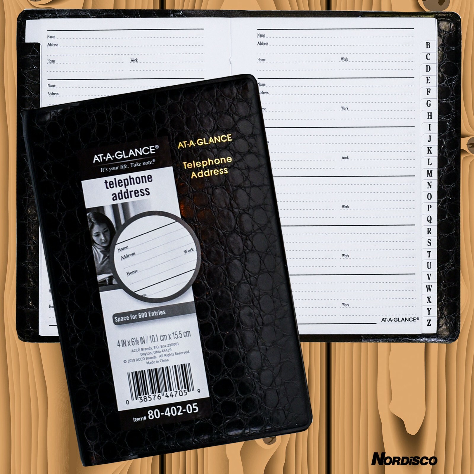 At-A-Glance 80-402 Telephone Address Book 4 x 6-1/8″, Black Faux Crocodile Cover