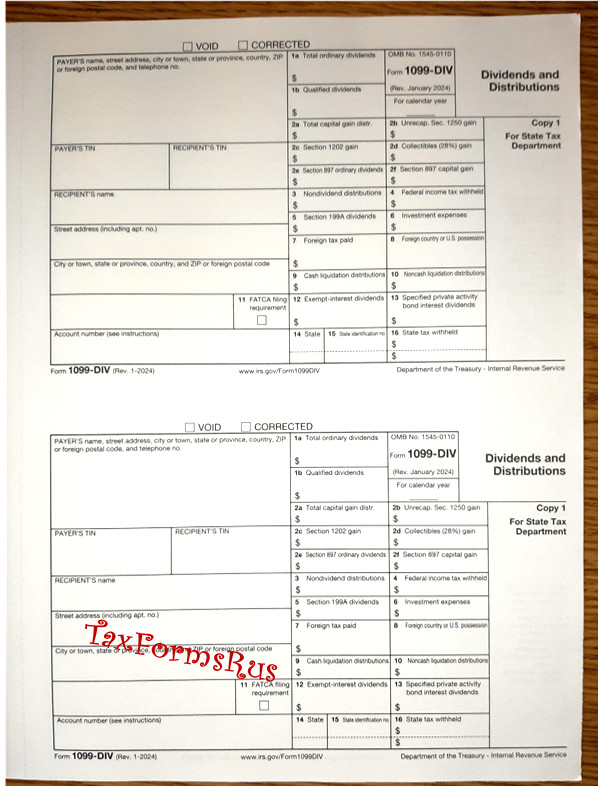 2025 IRS Tax Form 1099-DIV single sheet set for 2 recipients NON-carbonless 4-pt