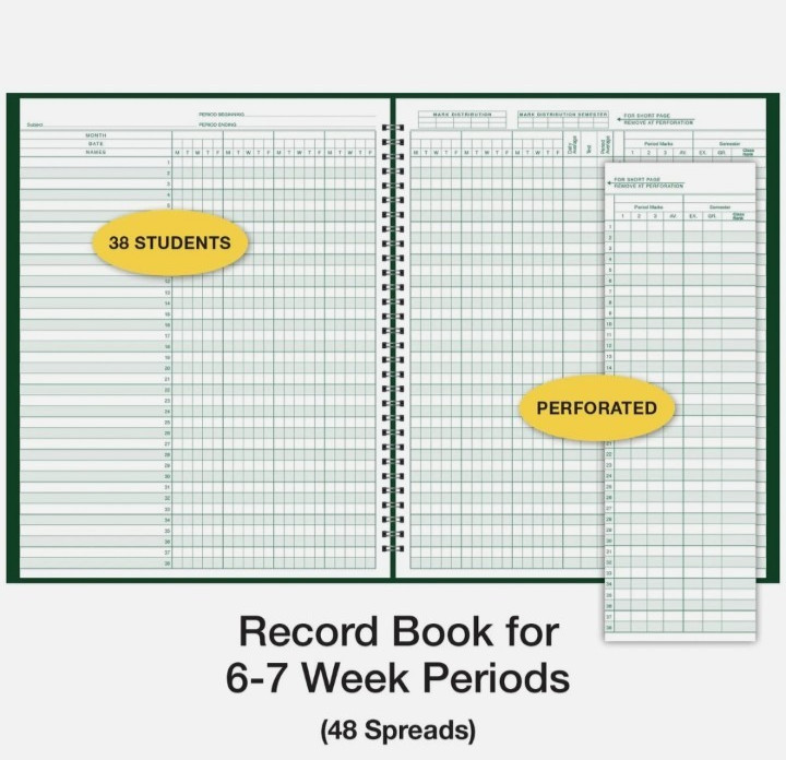 Green Spiral Bound Class Record Grade Book 38 Students 6 7 Week Periods 8.5 X 11