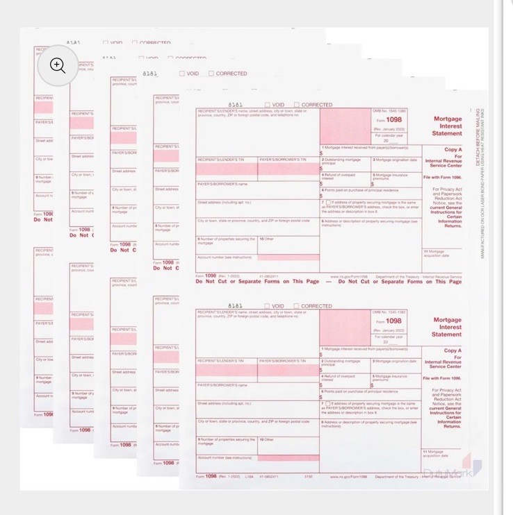2024 IRS Tax Form 1098 Mtg Int single sheet set for 2 borrowers, carbonless 3-pt