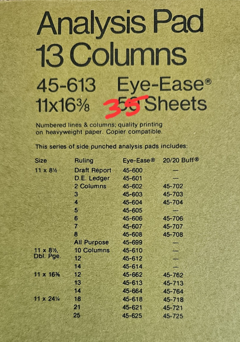 National Brand 45-613 Eye Ease Analysis Pad 13 Columns 35 Sheets 11×16 3/8