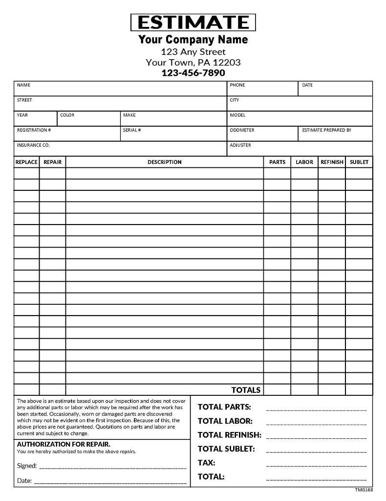 Automotive Autobody Estimate Form / 8.5 x 11 / 2 or 3 Part / TMG168