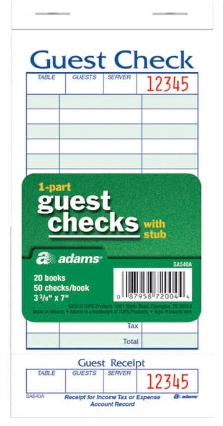Adams Guest Checks SA540A | 20 Books = 1000 Checks | 1-Part Server Order Pads