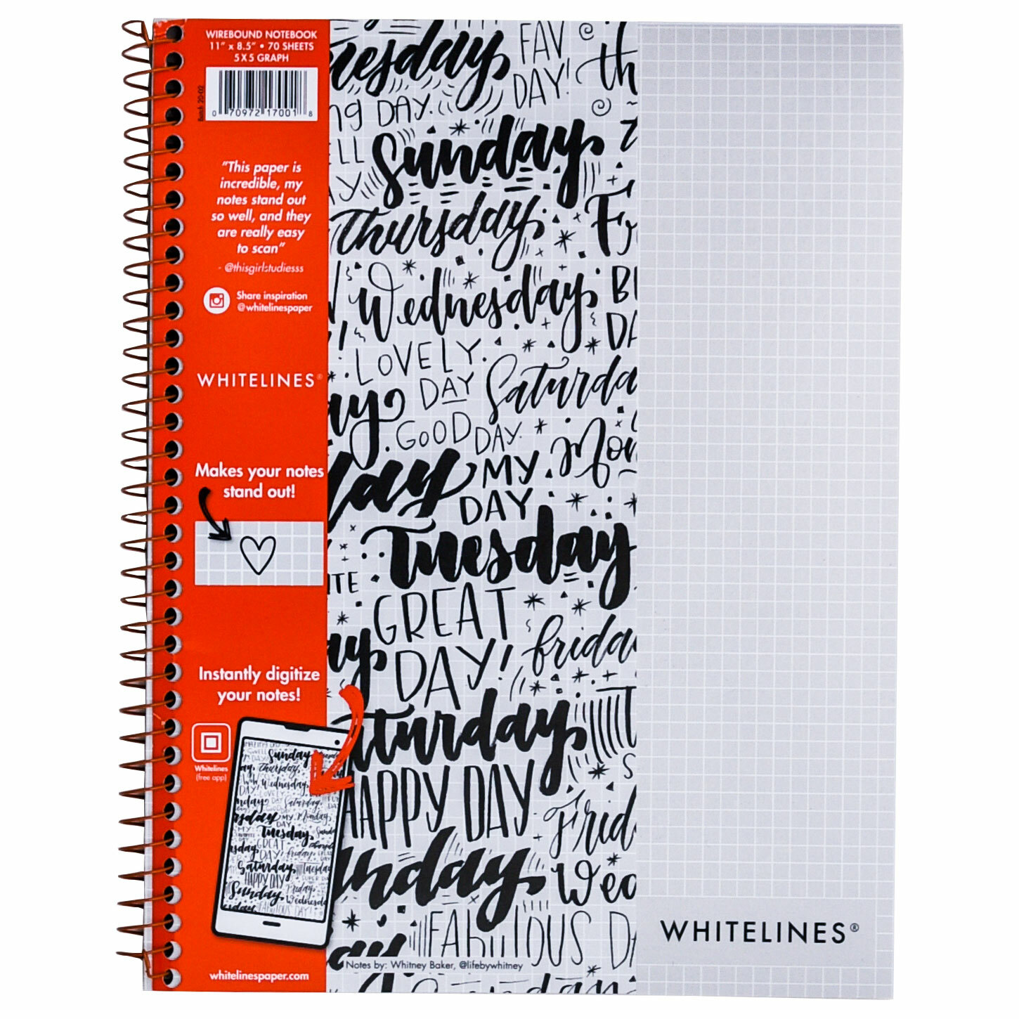 Whitelines 5×5 Graph Notebook 17001, 11 x 8.5″, 70 Sheets, Pack of 3 Notebooks