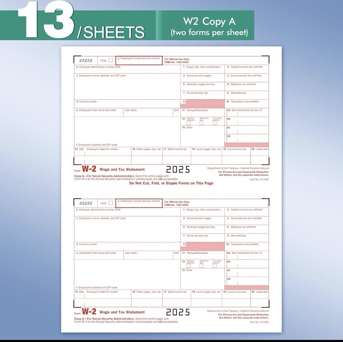 2025 W2 Tax Forms Kit with Envelopes – 25 Employee Set with W3 Forms