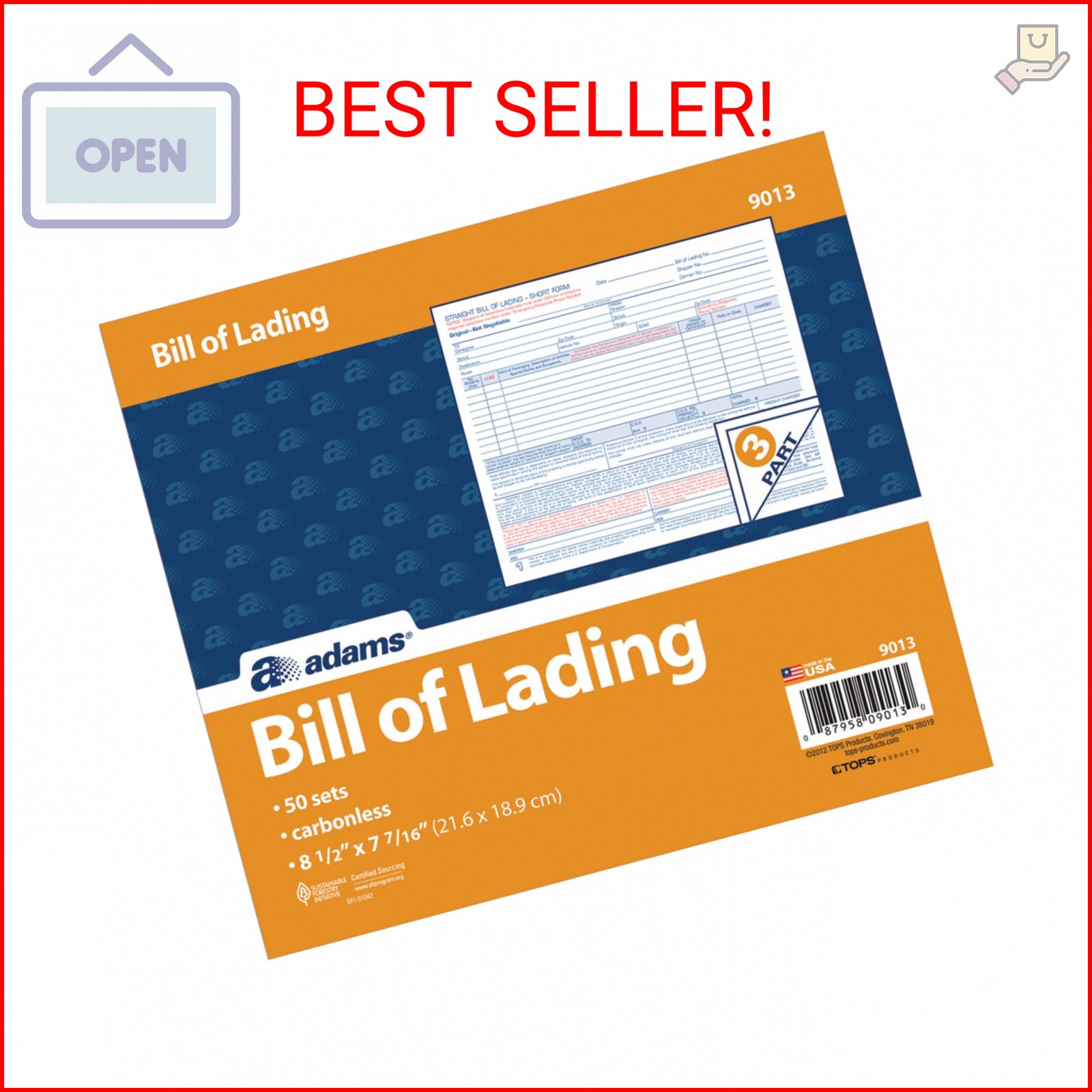 Adams Bill of Lading Short Form, 8.5 X 7.5 Inches, 3-part, 50-forms, White (9013
