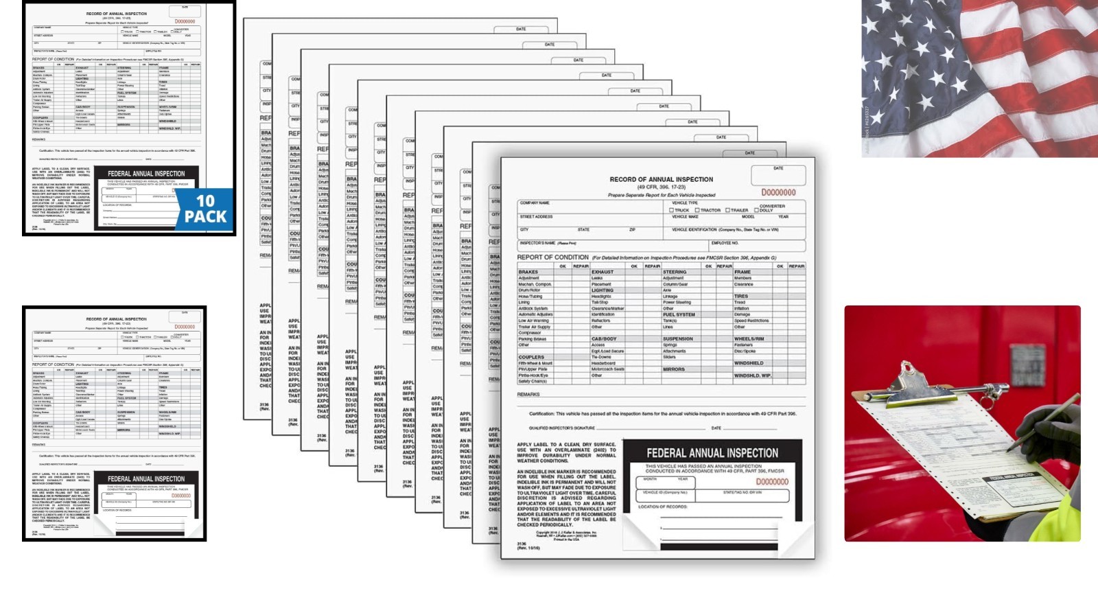 10-Pack Record of Annual Inspection Forms with Fade-Resistant Labels – USA Made