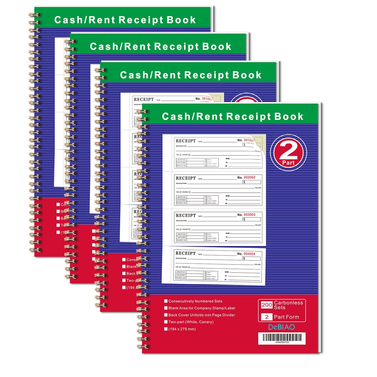 4 Pack 2Part Carbonless Money Rent Receipt Book 75/8×11 In 200 Sets