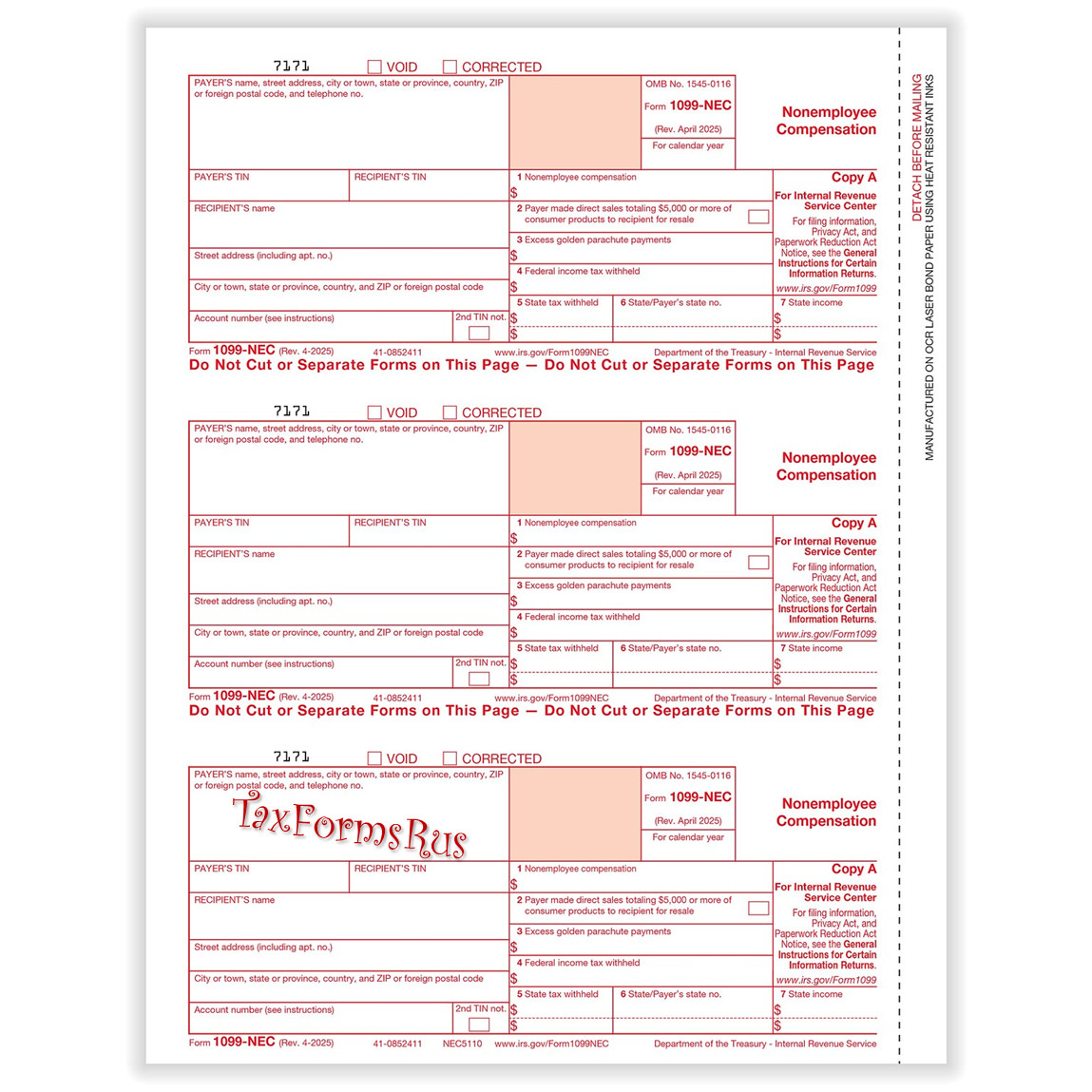 2025 IRS TAX FORMS KIT: 1099-NEC 6 recipients +envelopes + (1)1096 LASER 4pt 3UP