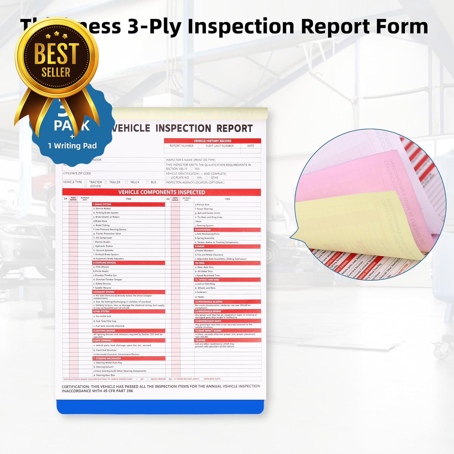 30-Pack Vehicle Inspection Report Forms 3-Ply Carbonless with Hardboard FMCSA DO
