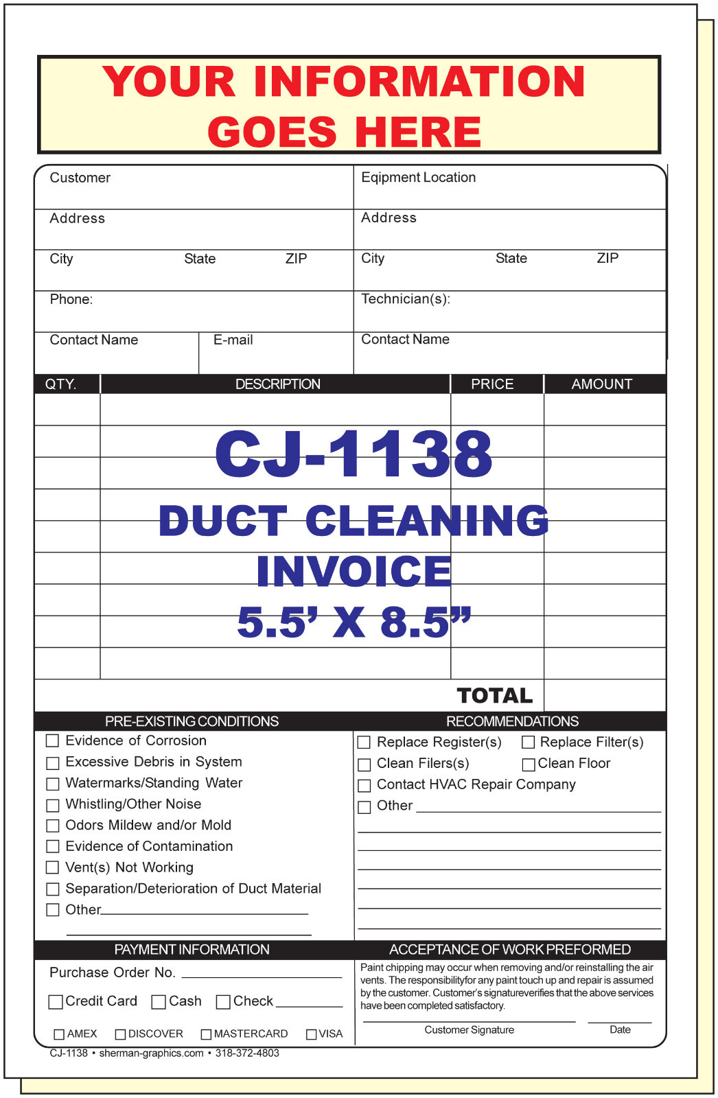 DUCT CLEANING INVOICE CUSTOM PRINTED 2 or 3 Part Carbonless