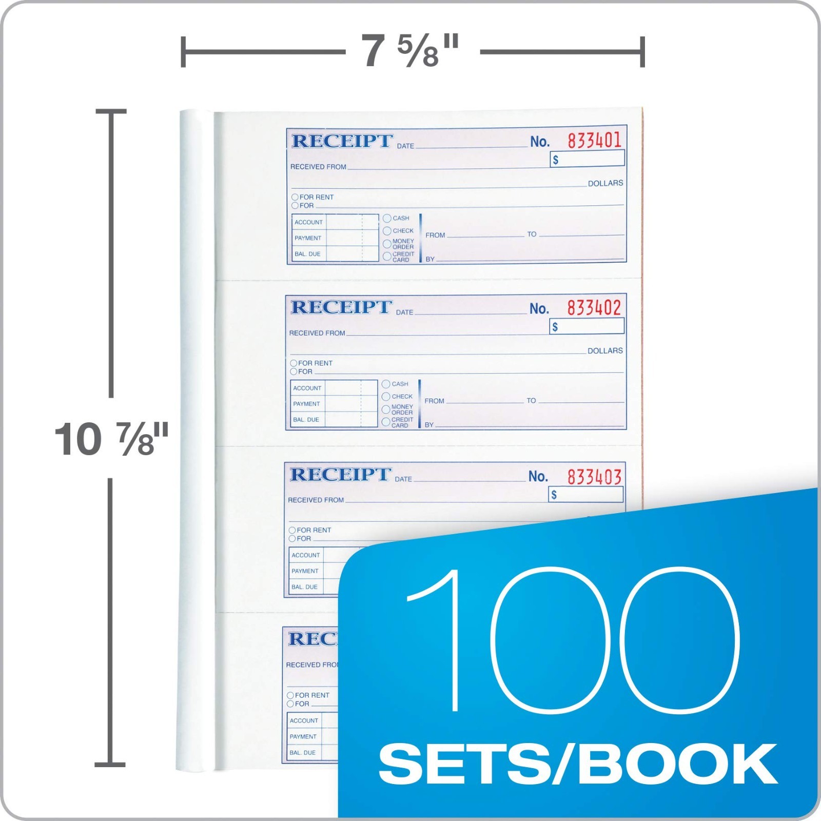 3-Part Carbonless Money & Rent Receipt Books, 100 Sets, Wraparound Cover, 5 Pack