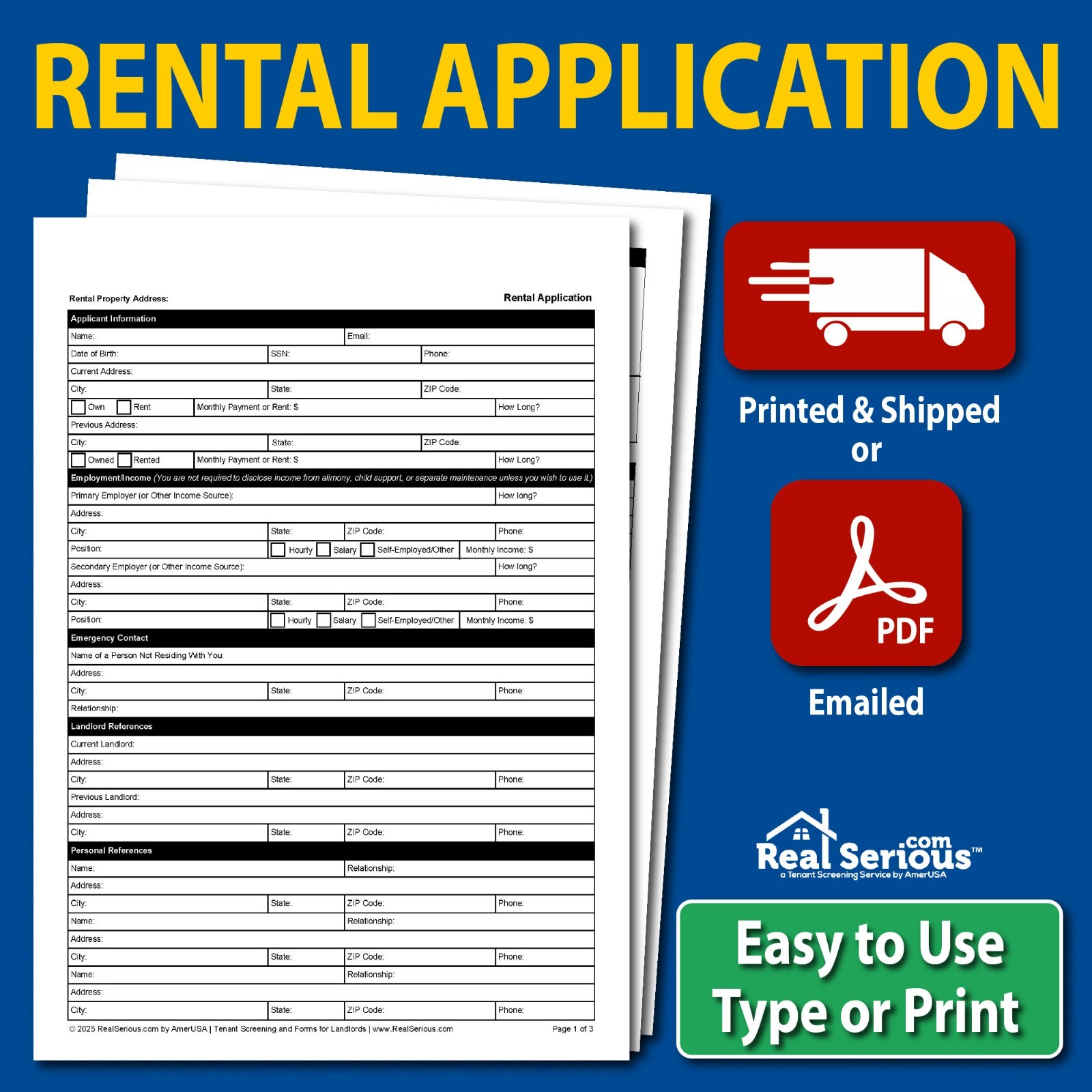 Rental Application – Rental Form for Landlords to Screen Tenant | PDF or US Mail