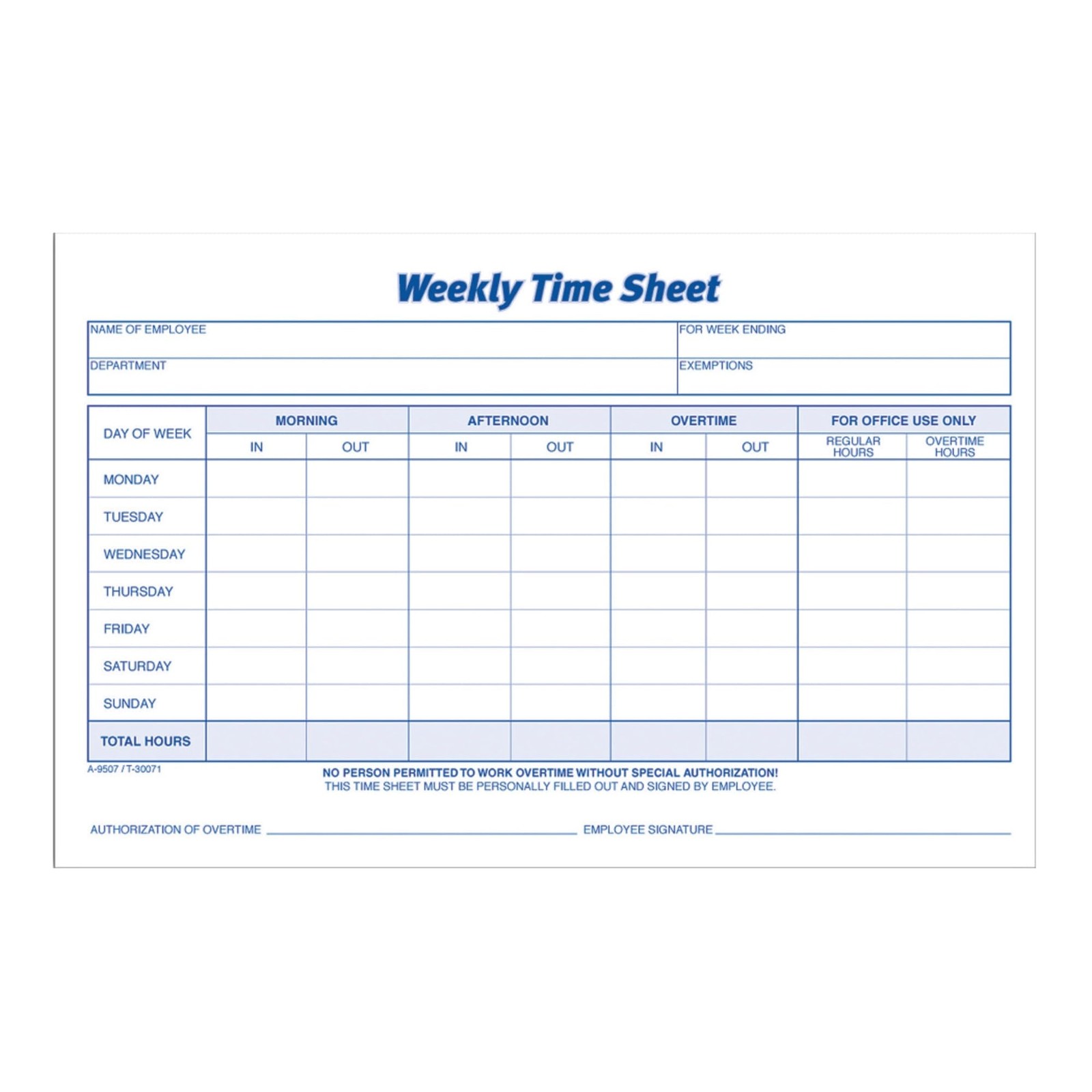 Adams Weekly Time Sheet, 1-Part, 5.5 x 8.5 Inches, Blue/White, 100 Sheets…