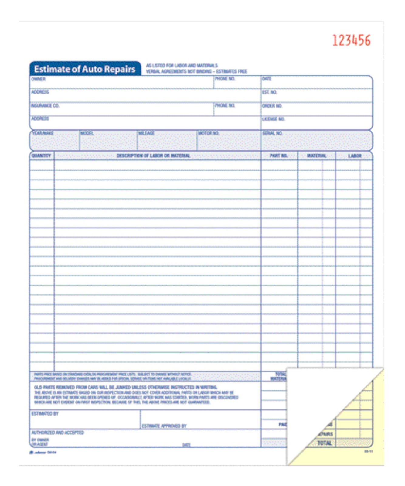 Adams Auto Repair Estimate Book, 2-Part, Carbonless, White/Canary