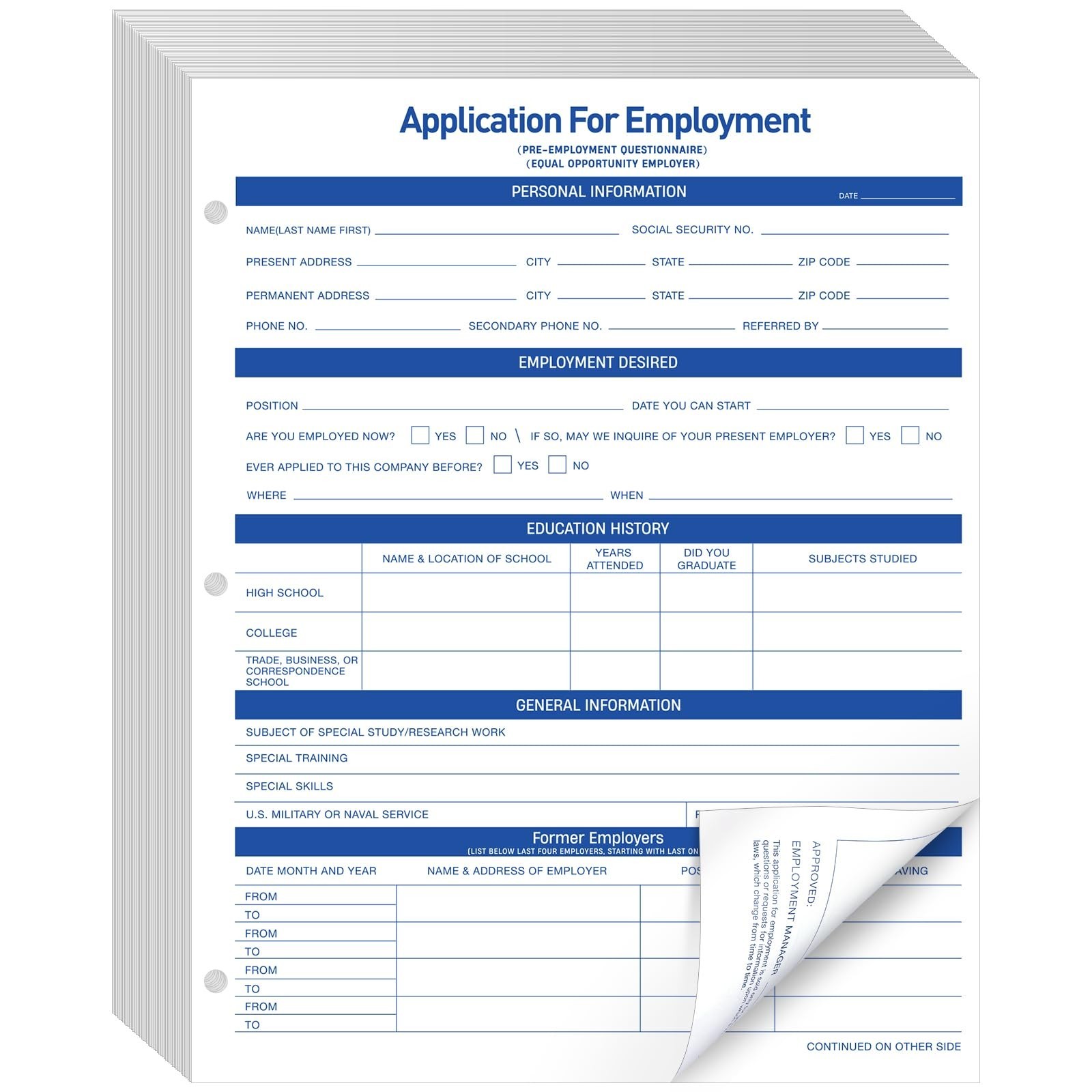 200 Sheets Employment Application Forms – 2-Sided, 8.5×11″, 3-Hole, Personal Det