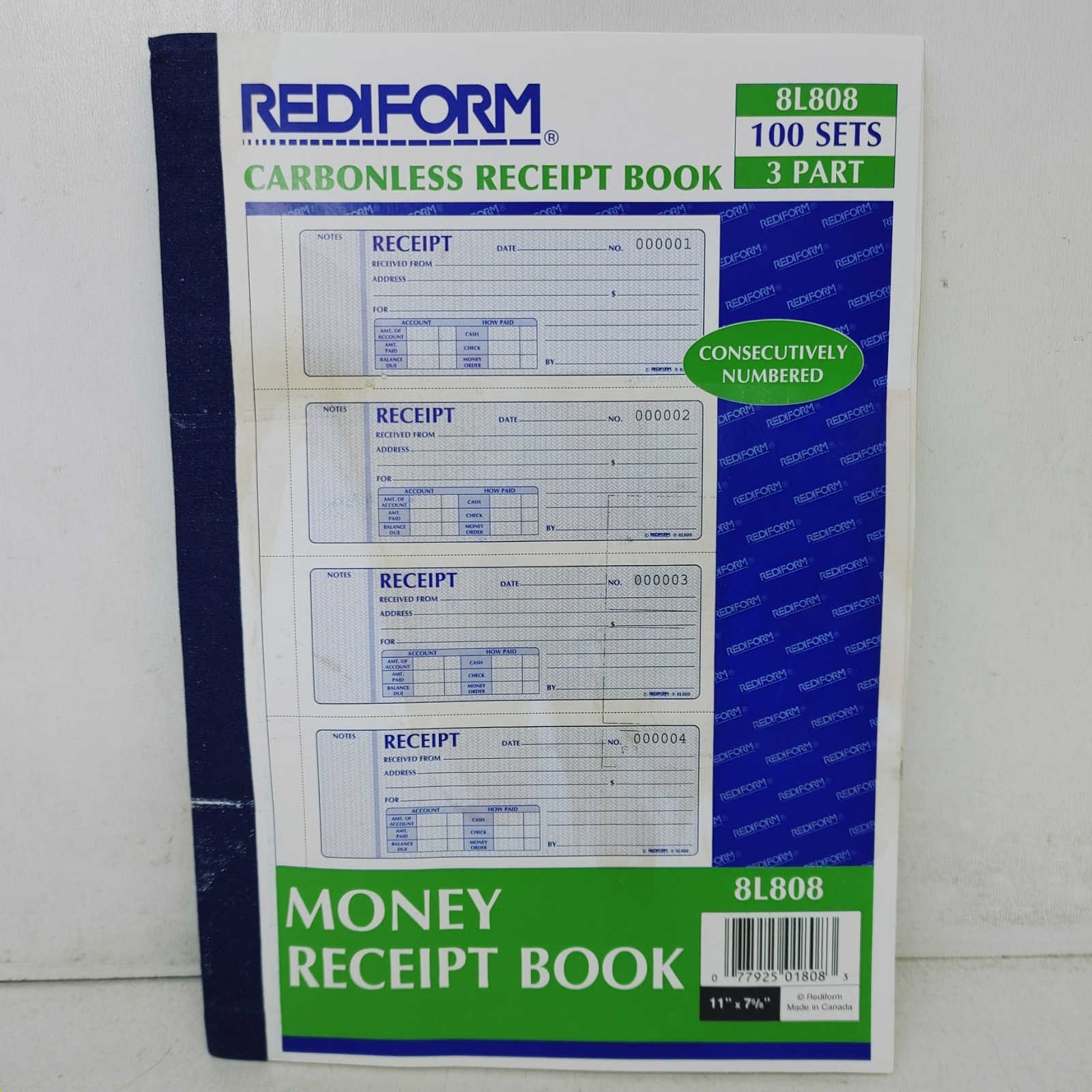 Stained-Rediform Money Receipt Book Carbonless Triplicate 100 Sets/Book 8L808