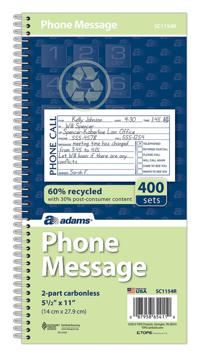 Adams Recycled Phone Message Book, 2-Part Carbonless, 4 Messages per White
