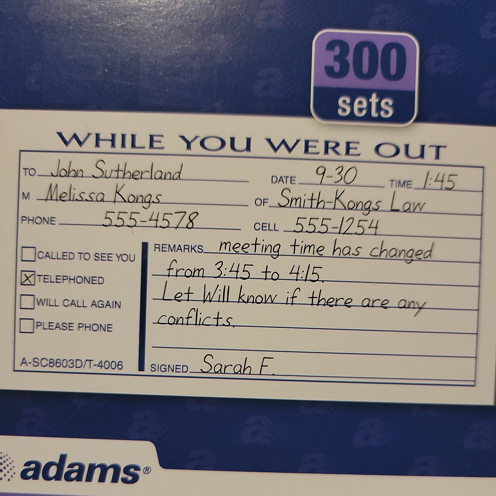 Phone Message book, 300 forms, duplicate, carbonless “While You Were Out” Adams