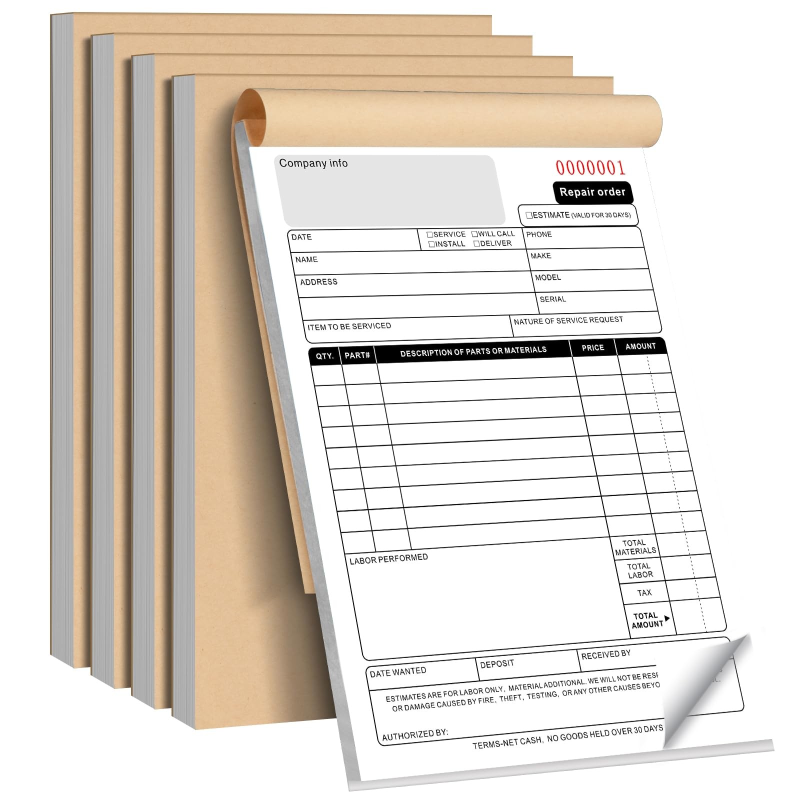 5 Packs Repair Order Book 2 Part Carbonless 5.7×8.3 Inch 50 Sets Receipt