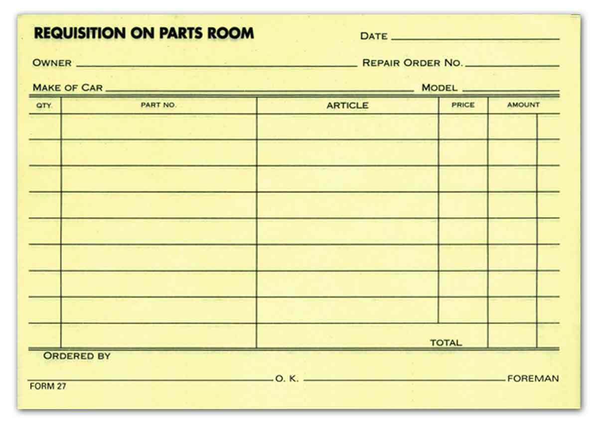REQUISITION ON PARTS ROOM FORM 5 PACK PARTS REQUISITION FORM CAR LOT AUTO DEALER